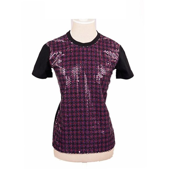 Prada  | Red and Blue Plaid Sequin Short Sleeve Crew Neck Top - Picture 1 of 7
